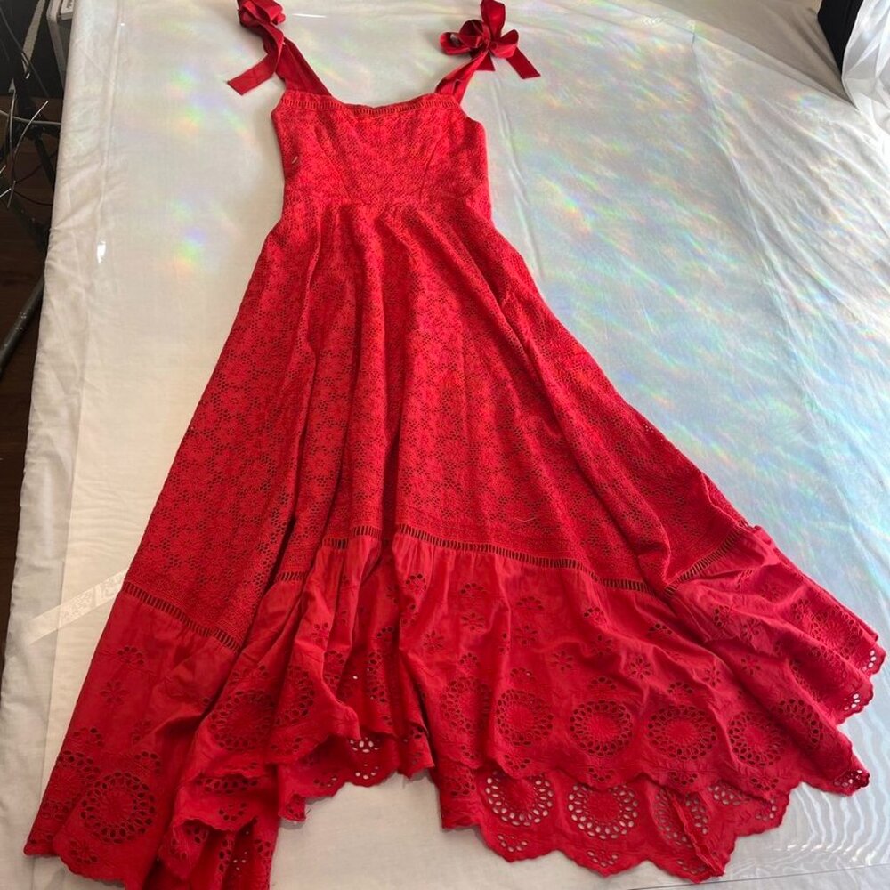 NEW Alice + Olivia Rosalee Eyelet Maxi Dress Tie Strap Red Cotton - Picture 5 of 15